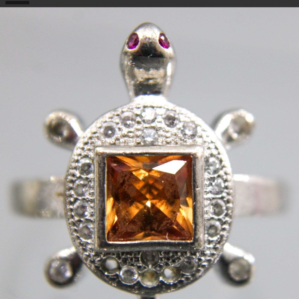 Silver Turtle Ring With Orange Gemstone - image 1
